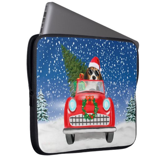 Beagle Hund Autofahren im Schnee Weihnachten Laptopschutzhülle (Vorne Rechts)
