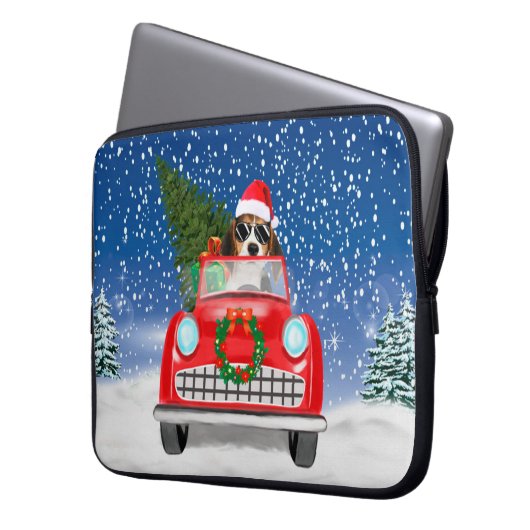 Beagle Hund Autofahren im Schnee Weihnachten Laptopschutzhülle (Vorderseite Links)