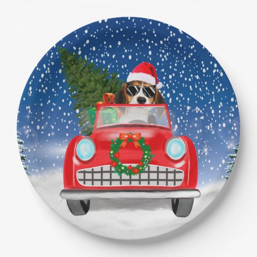 Beagle Hund Autofahren im Schnee Weihnachten Pappteller (Vorderseite)