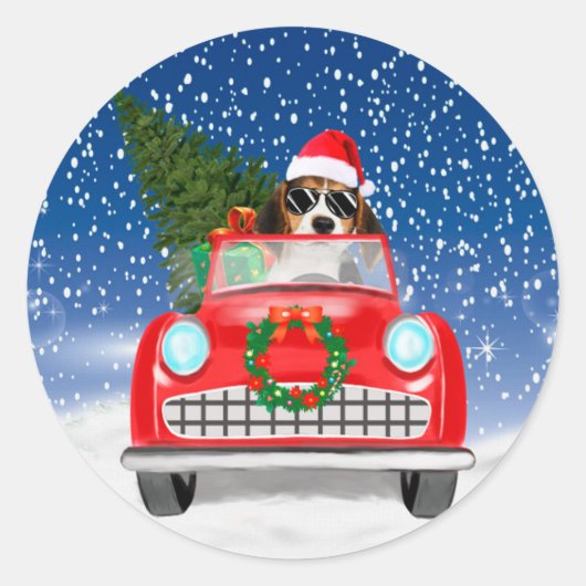 Beagle Hund Autofahren im Schnee Weihnachten Runder Aufkleber (Vorderseite)