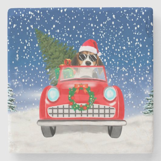 Beagle Hund Autofahren im Schnee Weihnachten Steinuntersetzer (Vorderseite)