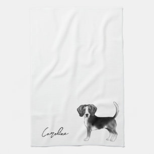 Beagle-Hund-Design in Schwarz-Weiß mit Namen Geschirrtuch