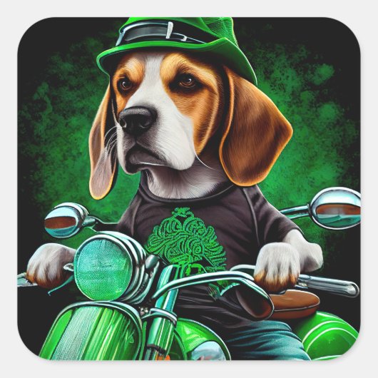 Beagle Hund Fahrrad St. Patrick's Day Quadratischer Aufkleber (Vorderseite)
