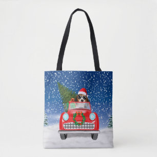 Beagle Hund fährt Auto im Schnee Weihnachten  Tasche