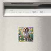 Beagle-Hund-Frühlingsblumen-Gemälde Magnet (In Situ (Geschirrspüler))
