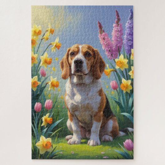 Beagle-Hund-Frühlingsblumen-Gemälde Puzzle (Vertikal)