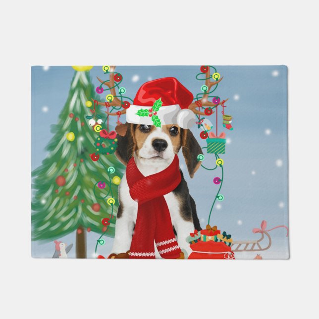 Beagle Hund im Schnee mit Weihnachtsgeschenken Fußmatte (Vorderseite)