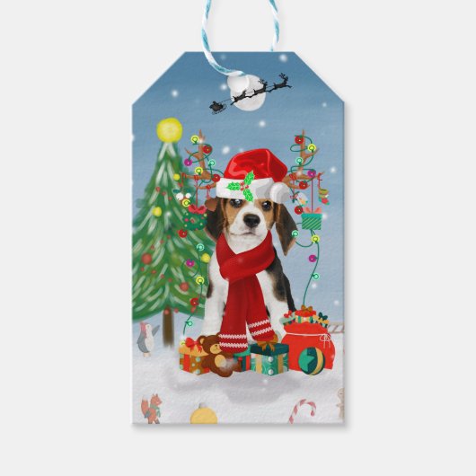 Beagle Hund im Schnee mit Weihnachtsgeschenken Geschenkanhänger (Vorderseite)