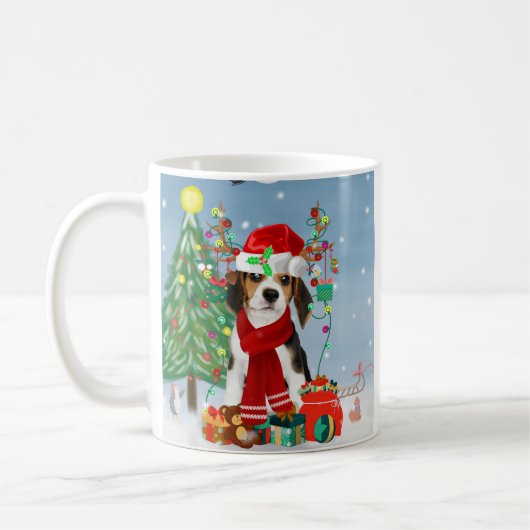 Beagle Hund im Schnee mit Weihnachtsgeschenken Kaffeetasse (Links)