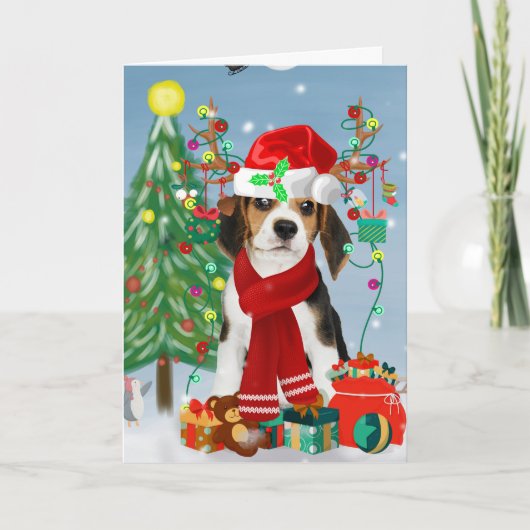 Beagle Hund im Schnee mit Weihnachtsgeschenken Karte (Vorderseite)