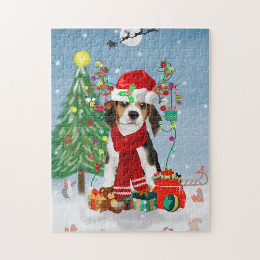 Beagle Hund im Schnee mit Weihnachtsgeschenken Puzzle (Vertikal)