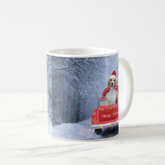 Beagle Hund im Schnee sitzen im Weihnachtswagen Kaffeetasse (VorderseiteRechts)