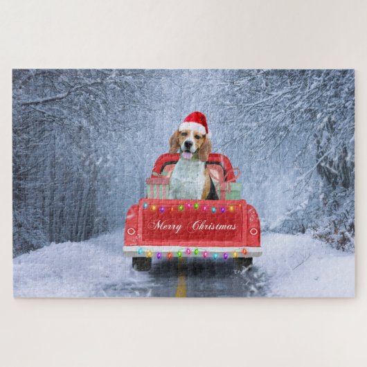Beagle Hund im Schnee sitzen im Weihnachtswagen Puzzle (Horizontal)