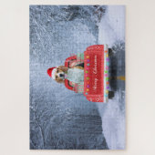 Beagle Hund im Schnee sitzen im Weihnachtswagen Puzzle (Vertikal)