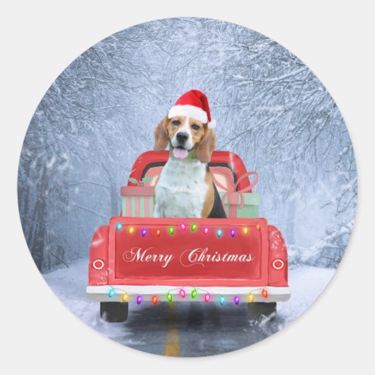 Beagle Hund im Schnee sitzen im Weihnachtswagen Runder Aufkleber (Vorderseite)