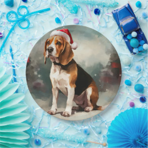 Beagle Hund im Schnee Weihnachten Pappteller