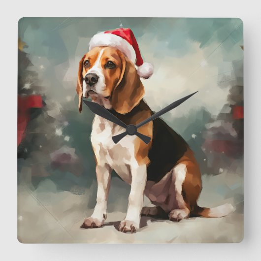 Beagle Hund im Schnee Weihnachten Quadratische Wanduhr (Vorderseite)