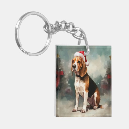 Beagle Hund im Schnee Weihnachten Schlüsselanhänger (Vorderseite links)