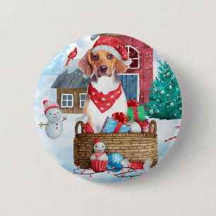 Beagle Hund im Schnee Weihnachtshundehaus Button