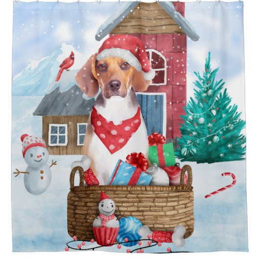 Beagle Hund im Schnee Weihnachtshundehaus Duschvorhang (Vorderseite)