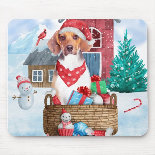 Beagle Hund im Schnee Weihnachtshundehaus Mousepad (Vorne)