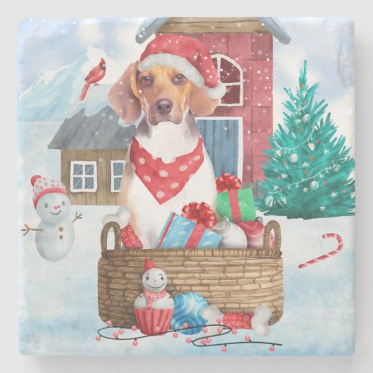 Beagle Hund im Schnee Weihnachtshundehaus Steinuntersetzer (Vorderseite)