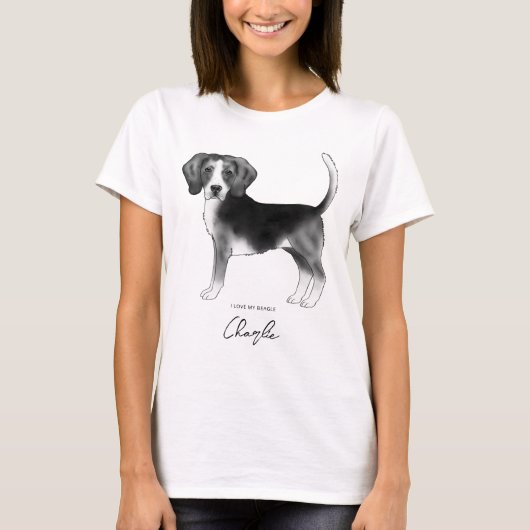 Beagle Hund in Schwarz/Weiß und benutzerdefinierte T-Shirt (Vorderseite)