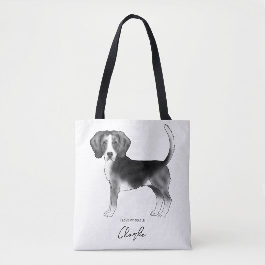 Beagle Hund in Schwarz/Weiß und benutzerdefinierte Tasche (Vorderseite)