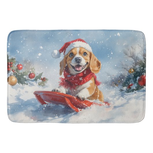 Beagle Hund in Sledge Lass es Schnee Weihnachten Badematte (Vorderseite)