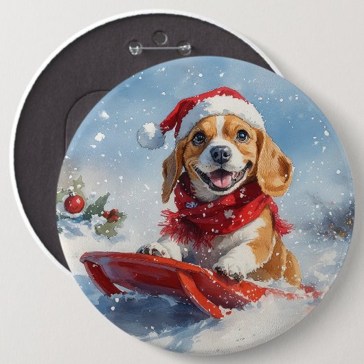 Beagle Hund in Sledge Lass es Schnee Weihnachten Button (Vorne & Hinten)
