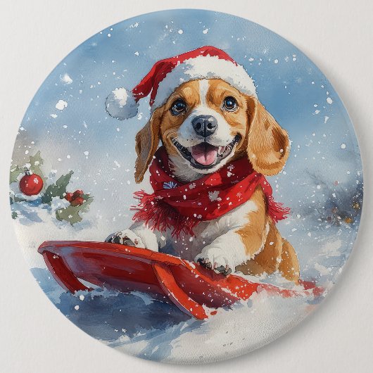 Beagle Hund in Sledge Lass es Schnee Weihnachten Button (Vorderseite)