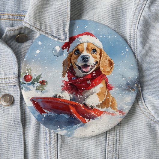 Beagle Hund in Sledge Lass es Schnee Weihnachten Button (Beispiel)