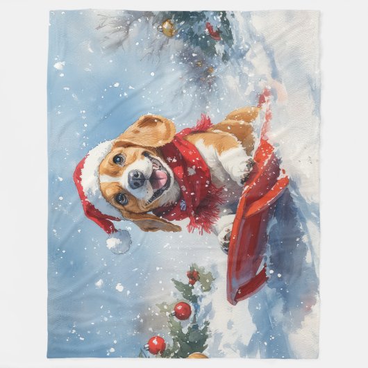 Beagle Hund in Sledge Lass es Schnee Weihnachten Fleecedecke (Vorderseite)