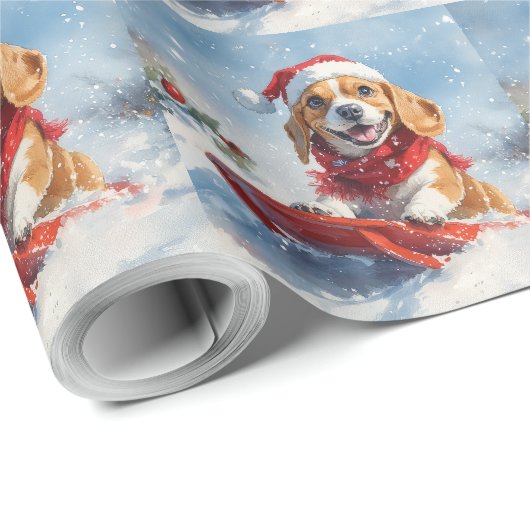 Beagle Hund in Sledge Lass es Schnee Weihnachten Geschenkpapier (Rolleneckpunkt)