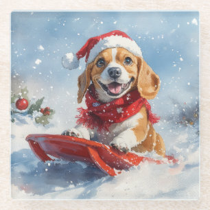 Beagle Hund in Sledge Lass es Schnee Weihnachten Glasuntersetzer