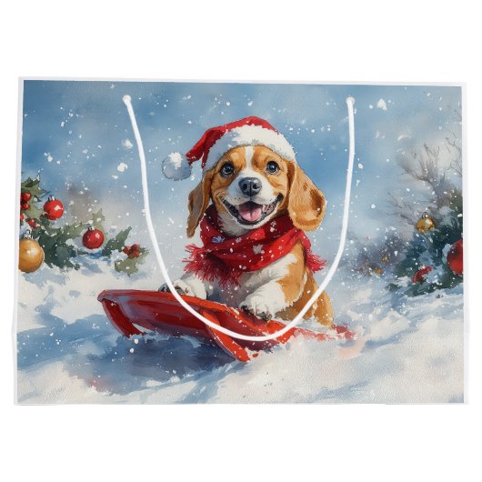Beagle Hund in Sledge Lass es Schnee Weihnachten Große Geschenktüte (Rückseite)
