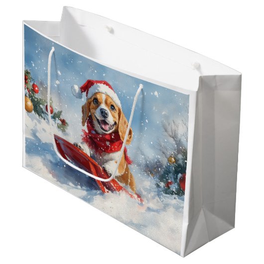 Beagle Hund in Sledge Lass es Schnee Weihnachten Große Geschenktüte (Vorderseite Schrägansicht)