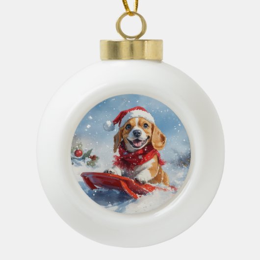 Beagle Hund in Sledge Lass es Schnee Weihnachten Keramik Kugel-Ornament (Vorderseite)