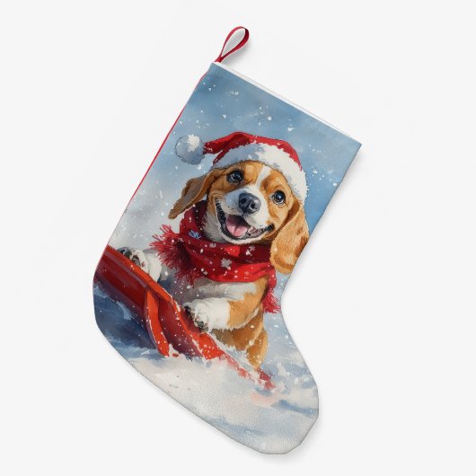 Beagle Hund in Sledge Lass es Schnee Weihnachten Kleiner Weihnachtsstrumpf (Vorderansicht (hängend))