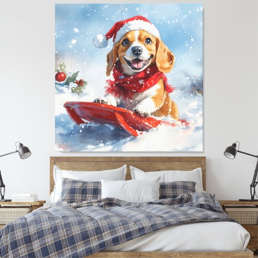 Beagle Hund in Sledge Lass es Schnee Weihnachten Leinwanddruck (Insitu (Schlafzimmer))