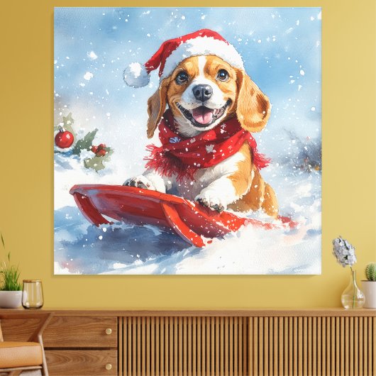 Beagle Hund in Sledge Lass es Schnee Weihnachten Leinwanddruck (Insitu (Wohnzimmer))