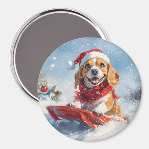 Beagle Hund in Sledge Lass es Schnee Weihnachten Magnet