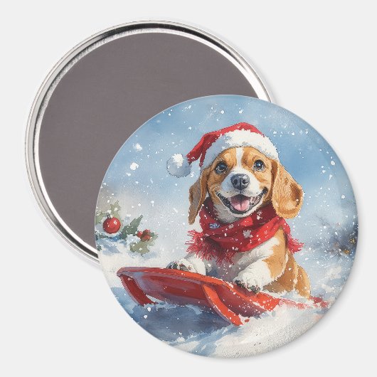 Beagle Hund in Sledge Lass es Schnee Weihnachten Magnet (Vorderseite/Rückseite)