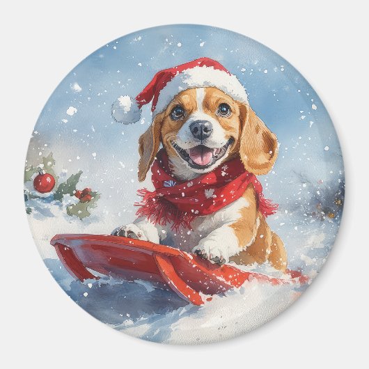 Beagle Hund in Sledge Lass es Schnee Weihnachten Magnet (Vorne)
