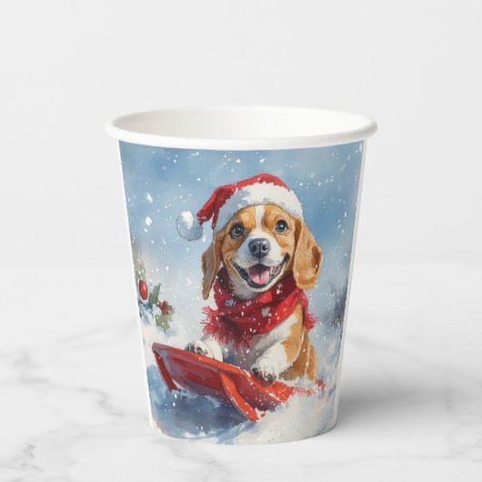 Beagle Hund in Sledge Lass es Schnee Weihnachten Pappbecher (Rückseite)