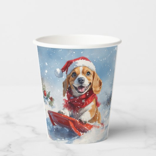 Beagle Hund in Sledge Lass es Schnee Weihnachten Pappbecher (Vorderseite)