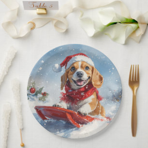 Beagle Hund in Sledge Lass es Schnee Weihnachten Pappteller
