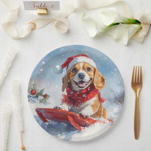 Beagle Hund in Sledge Lass es Schnee Weihnachten Pappteller (Hochzeit)