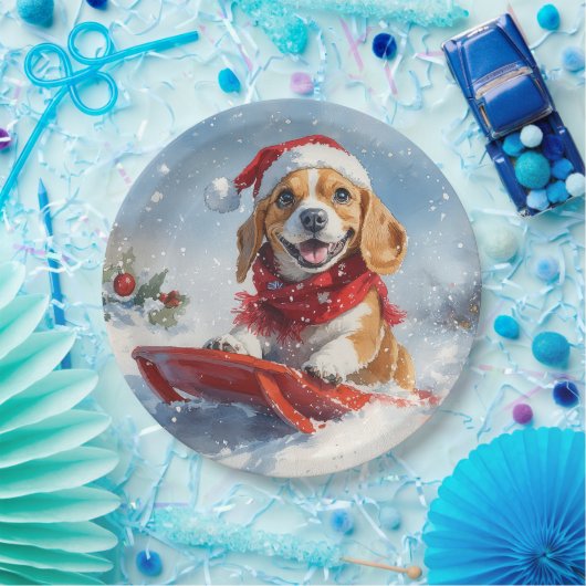 Beagle Hund in Sledge Lass es Schnee Weihnachten Pappteller (Party)