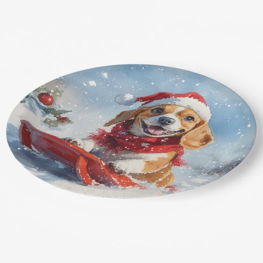 Beagle Hund in Sledge Lass es Schnee Weihnachten Pappteller (Schrägansicht)